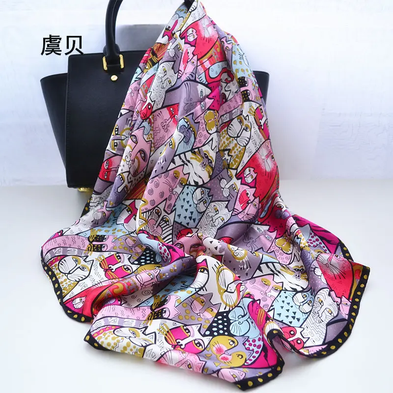 Cartoon cat 100% real natural silk scarf for girl and woman scarves gift spring autumn winter square scarves female wrap 85*85cm