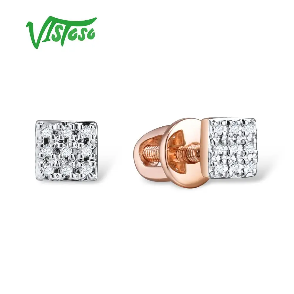 VISTOSO Gold Earrings For Women 14K 585 Rose White Gold Sparkling Diamond Dainty Round Cirle Stud Earrings Trendy Fine Jewelry