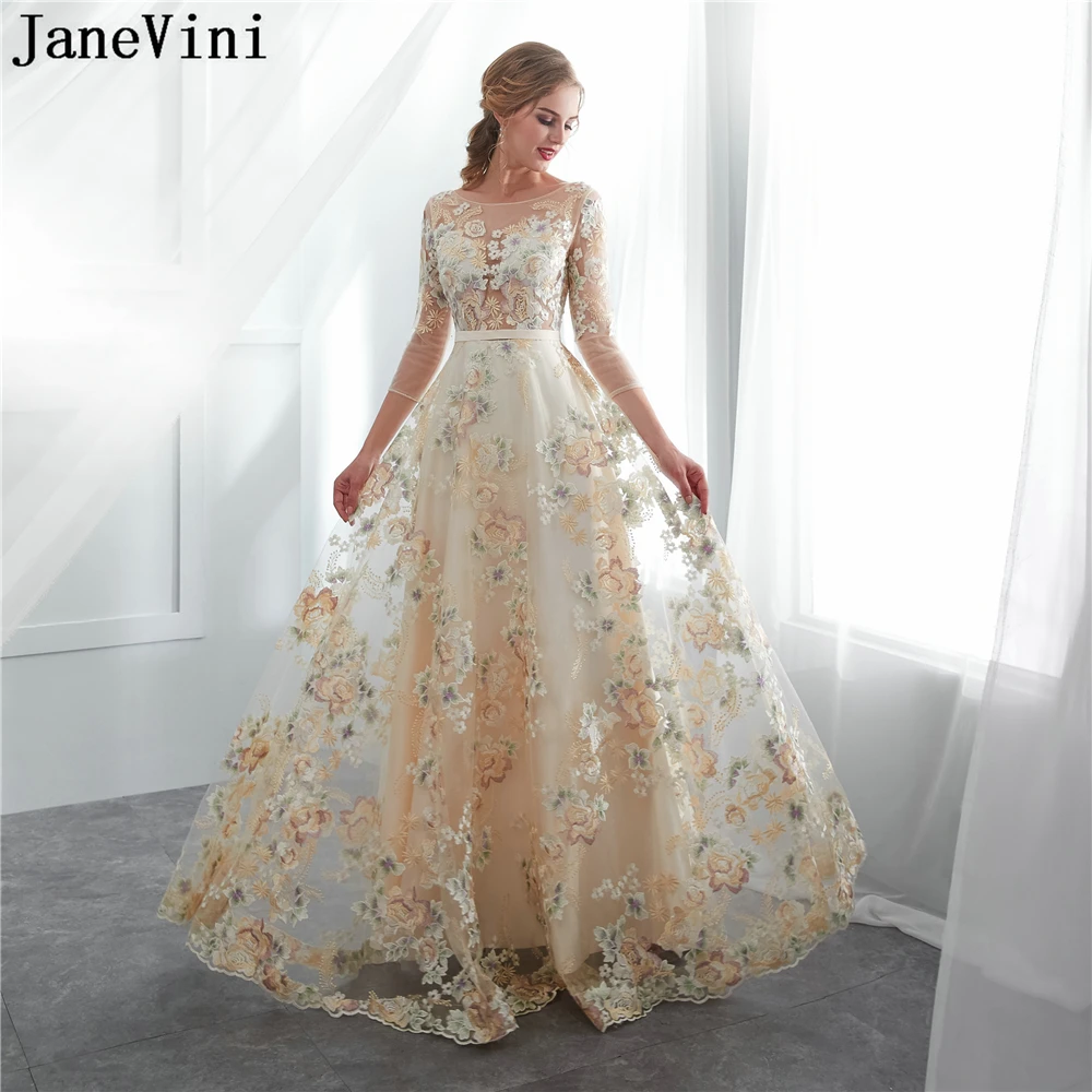 

Платья трапециевидного силуэта JaneVini, 2019, цвета шампанского, с круглым вырезом, длинными рукавами, вышивкой и цветами, для выпускного вечера, тюлевые Платья для подружек невесты