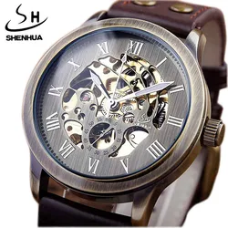 Top Brand Mechanical Watches Male Fashion Retro Bronze Skeleton Automatic Mechanical Watch Leather Wristwatch Reloj Hombre