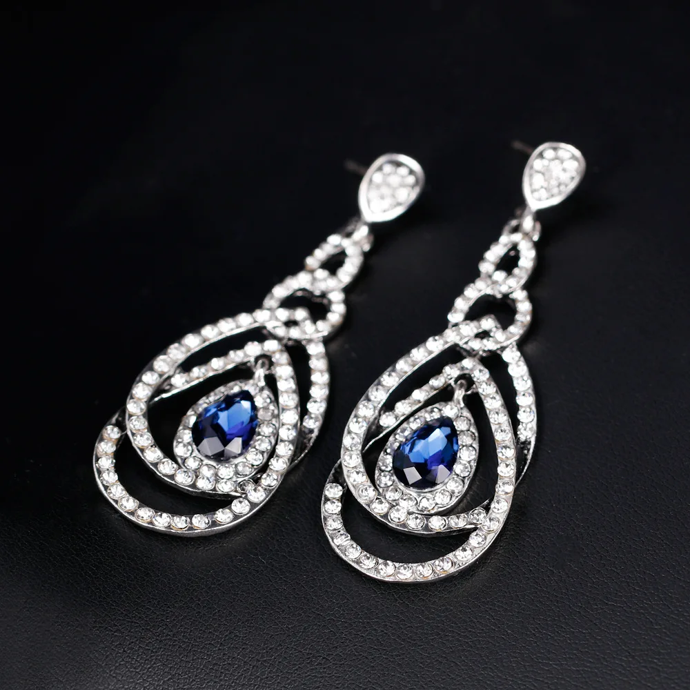 BLIJERY Navy Blue/Clear Crystal Long Drop Earrings for Women Fashion Jewelry Brides Wedding Dangle Earrings Femme Brincos image 4