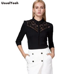 Nouveau Femmes Corps Chemise Chemisiers Slim Fit Col Rabattu Mode Dentelle Patchwork conception Trois Quarts Manches Noir SY0287 S-XL