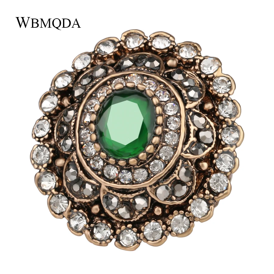 Fashion Vintage Look Ring Gold Color Big Round Crystal Flower Green Gem Antique Rings For Women 2018 New