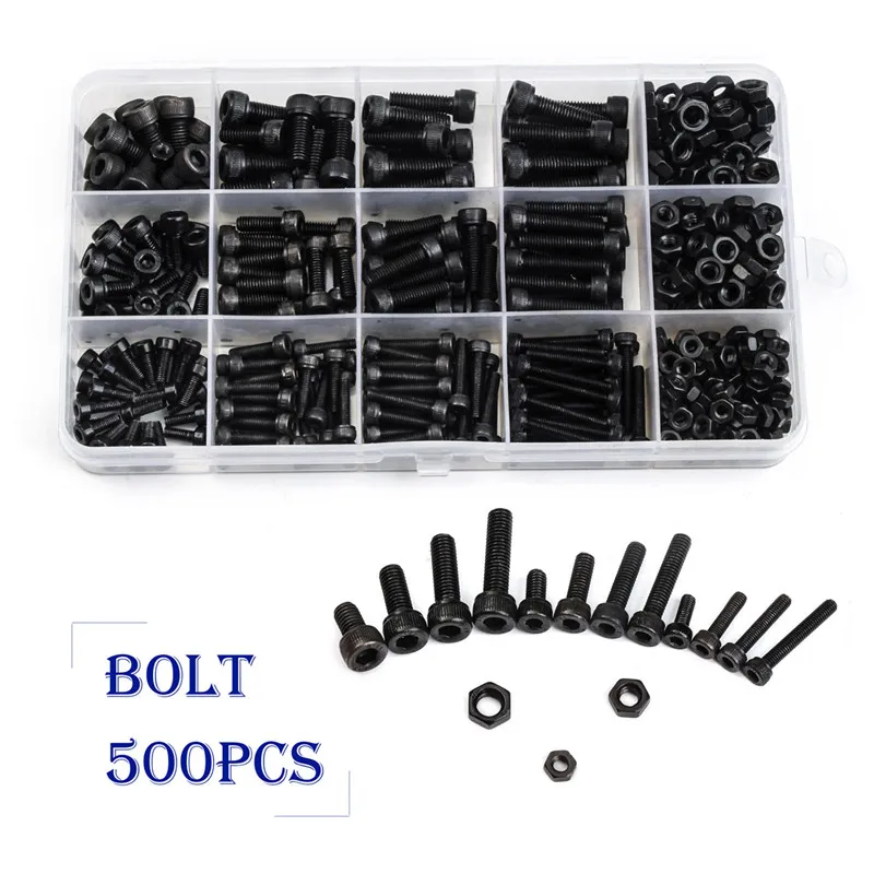 

ZENHOSIT Black Carbon-Steel Cylinder Column Hex Hexagon Screw Set 500PCS/Set M3/M4/M5 Furniture Fastener Assorted Kit