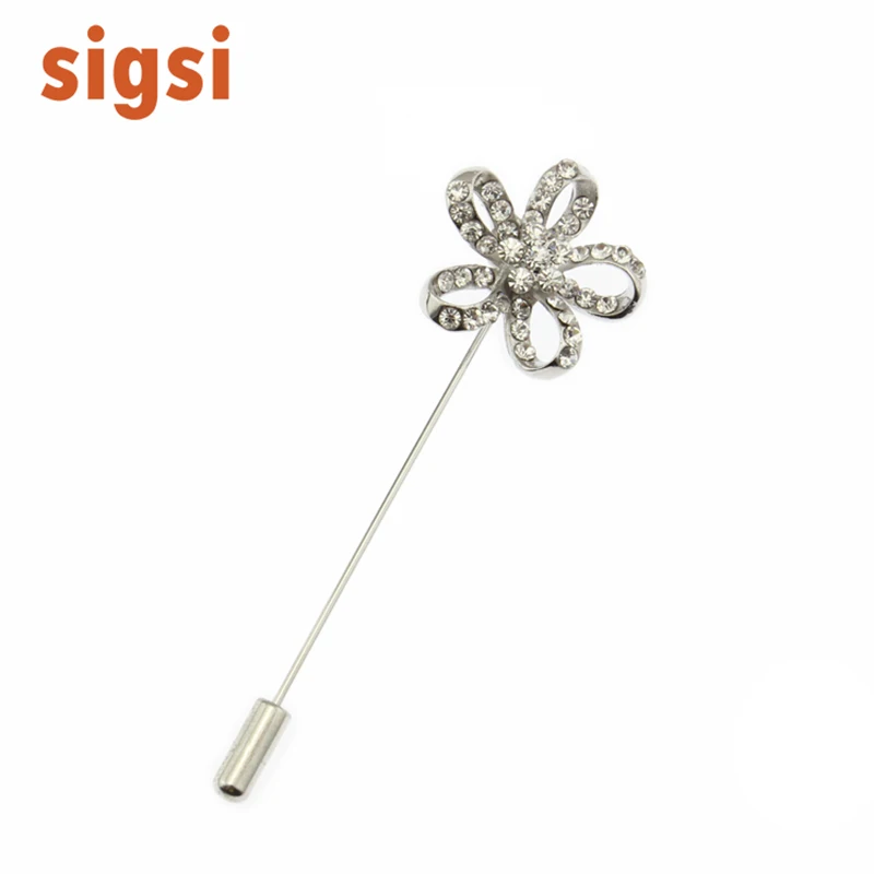 

New Arrival Silver Tone Rhinestone Crystal Flower Long Needle Lapel Pin For Suit