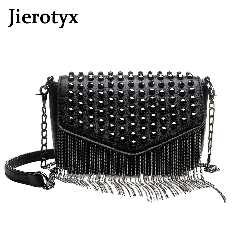 JIEROTYX Fashion Tassel Diamonds Brand Design Mini Chain Shoulder Bag Crossbody Black Leather Rivets Female Bolsa Sac A Main