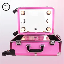 Bagage Aluminium Frame Profelssional Makeup Beauty Verlichting Rolling Reisbagage Trolley Licht Make Up Case Tas Koffer Doos