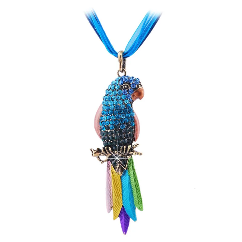 Elegant Women Crystal Parrot Pendant Alloy Necklace Long Chain Jewelry