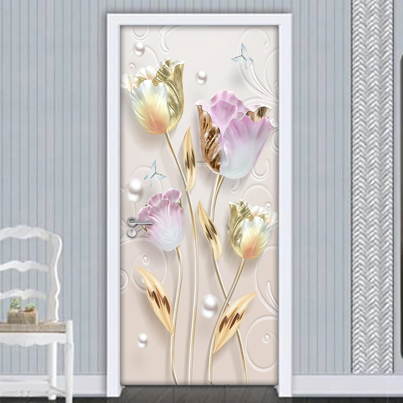 

3D Stereoscopic Tulip Flowers Door Sticker Wall Decals DIY Self-adhesive Waterproof Vinyl Wallpaper Poster Door Mural Home Decor