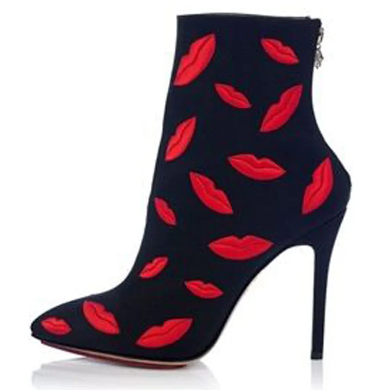 Sexy Spring Red Lips Machine Embroidery Ankle Boots Women Street Pointed toe  Stiletto High Heels Short Bottines Shoes