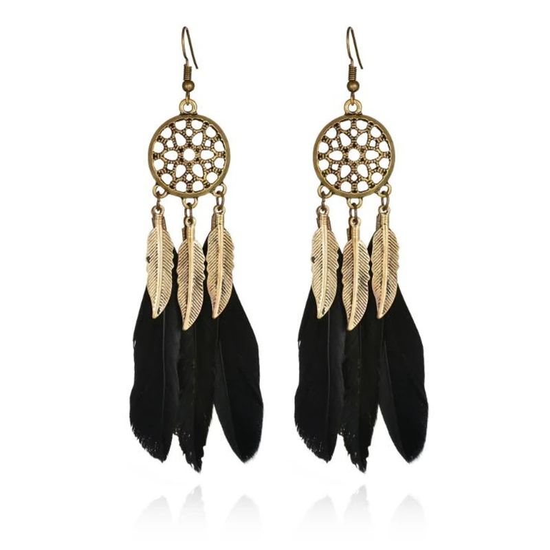 แฟชั่น1คู่ผู้หญิงสวยและสาว Feather Drop ต่างหู Leaf Hollow Out Vintage โบฮีเมีย Boho Feather พู่ Dreamcatcher