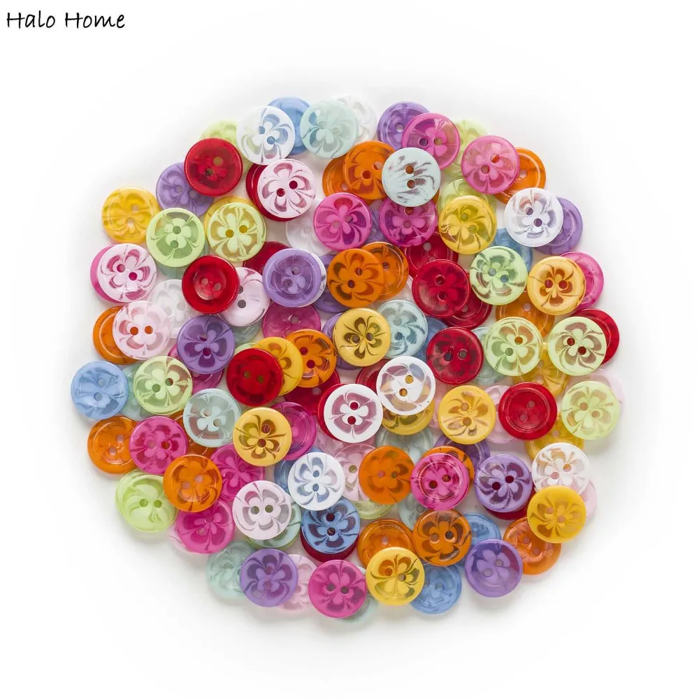 Transparent Pattern Flower 100pcs 2 Hole Round Mixed Resin Buttons Sewing Scrapbooking Clothing Fabric Covered DIY 14mm