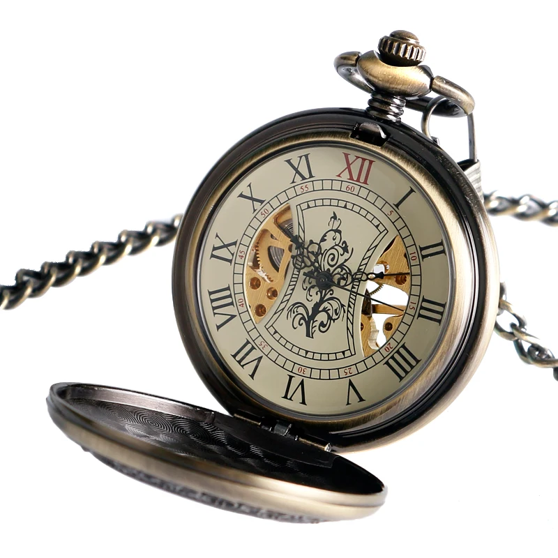 Retro Luxury Wood Circle Skeleton Pocket Watch Men Women Unisex Mechanical Hand-winding Roman numerals Necklace Gift P2012C