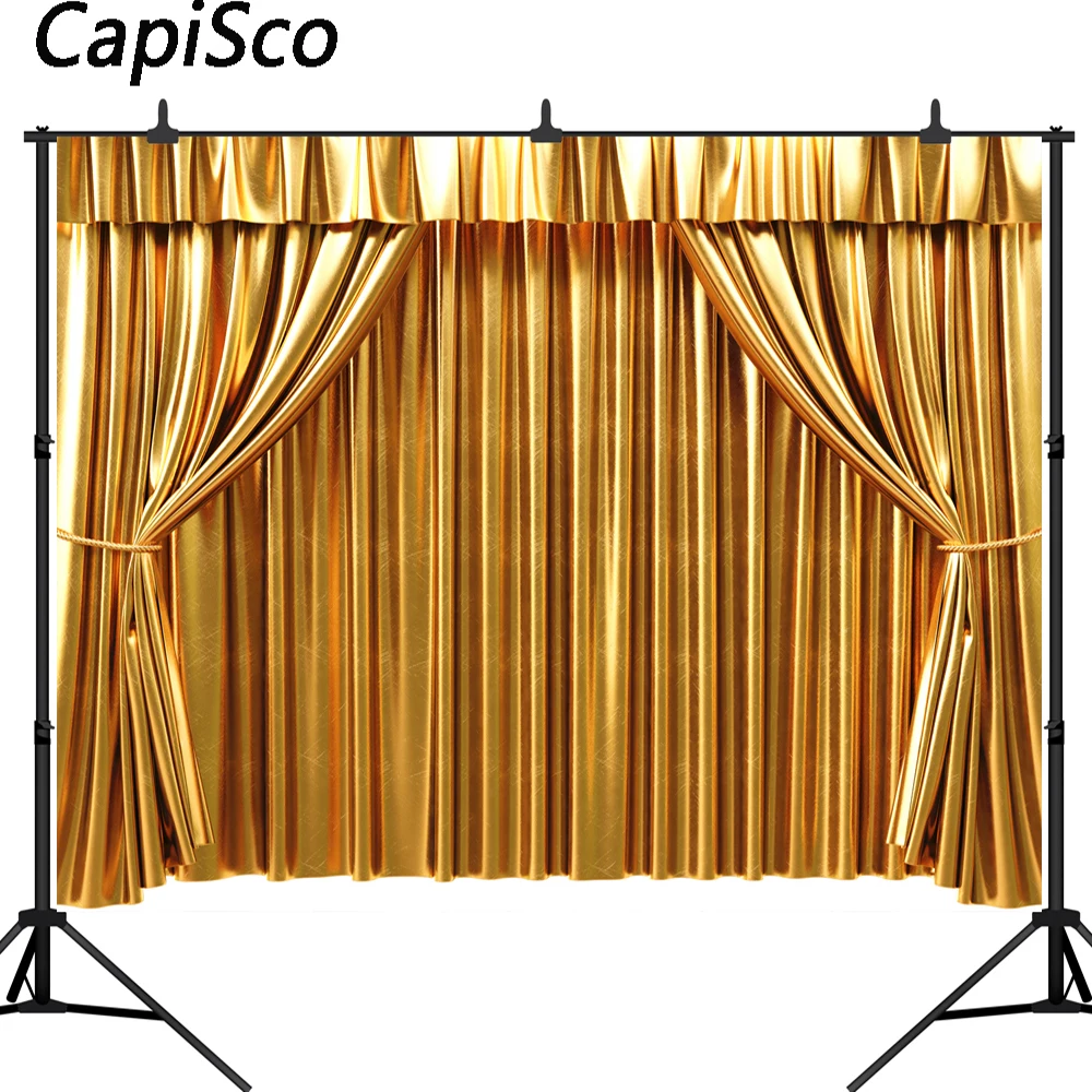 Capisco Photography Backdrop Luxurious Golden Curtains Birthday Party Theatre New Background Photocall Photo Printed