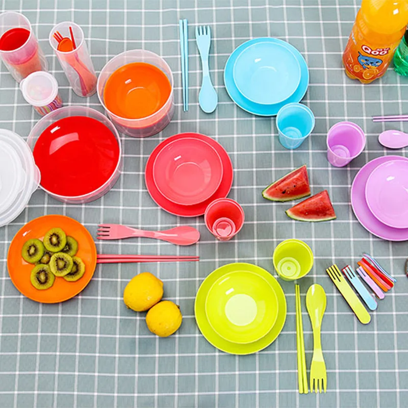 30pcs outdoor camping tableware set portable picnic barbecue children's meal plate soup bowl water cup chopsticks fork spoon