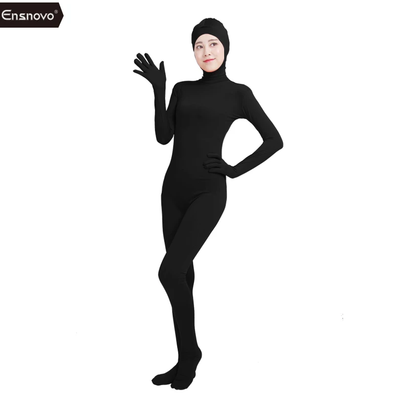 ผู้หญิง Ensnovo Zentai เครื่องแต่งกายผู้ใหญ่เปิดหน้า Body Spandex ไนลอน Tights สีดำ Zentai คอสเพลย์เครื่องแต่งกาย Bodysuit