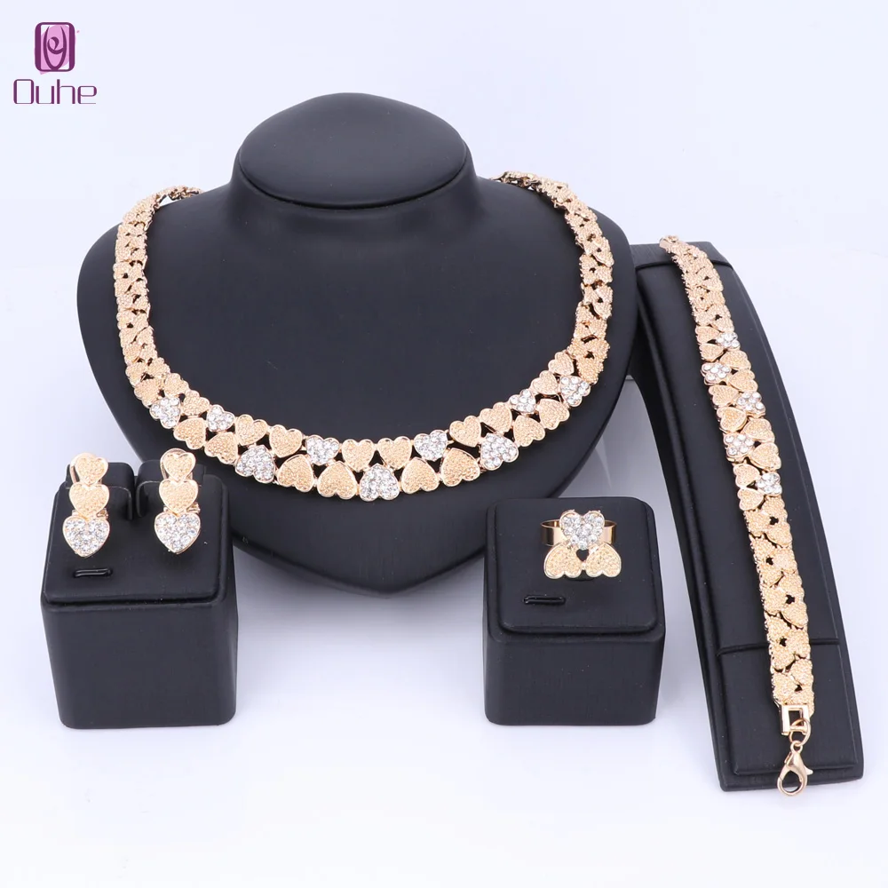 Women Wedding Crystal Heart Gold Color Charm Necklace Bracelet Earring Ring Bridal Costume Jewelry Set