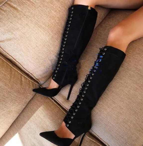 

Fasgion cut-outs high heel knee boots for women pointed toe lace up size zipper high boots spring autumn black long boots