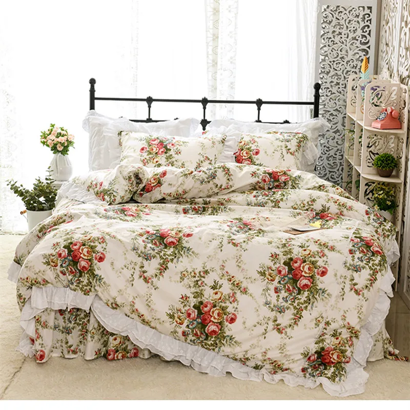 100%cotton princess ruffles bedding set twin full queen king size Korean floral lace embroidery bed skirt YYX