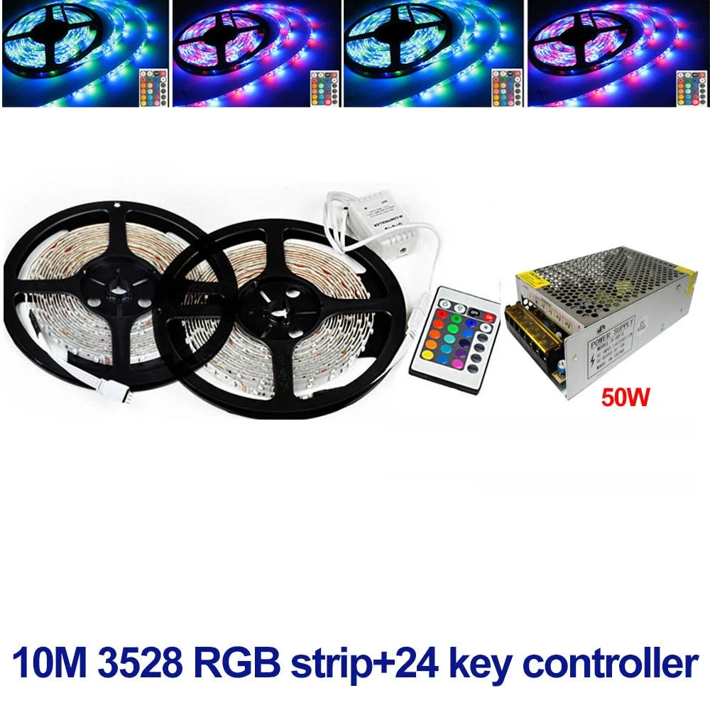 rgb led strip 3528 waterproof ip65 fita de and 24keys ir remote controller and 50w adapter supply 60leds/m