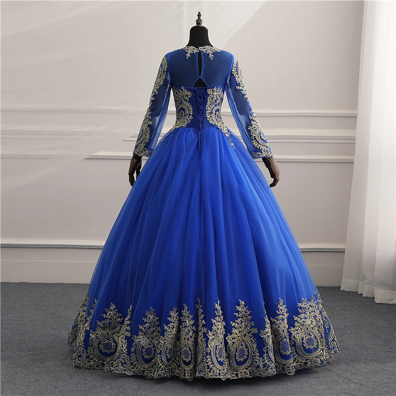 8 Layers New Vestidos De Noiva Royal Blue Tull Vintage Long Sleeve Wedding Dress Gold Lace Embroidery Bride Wedding Gowns Custom