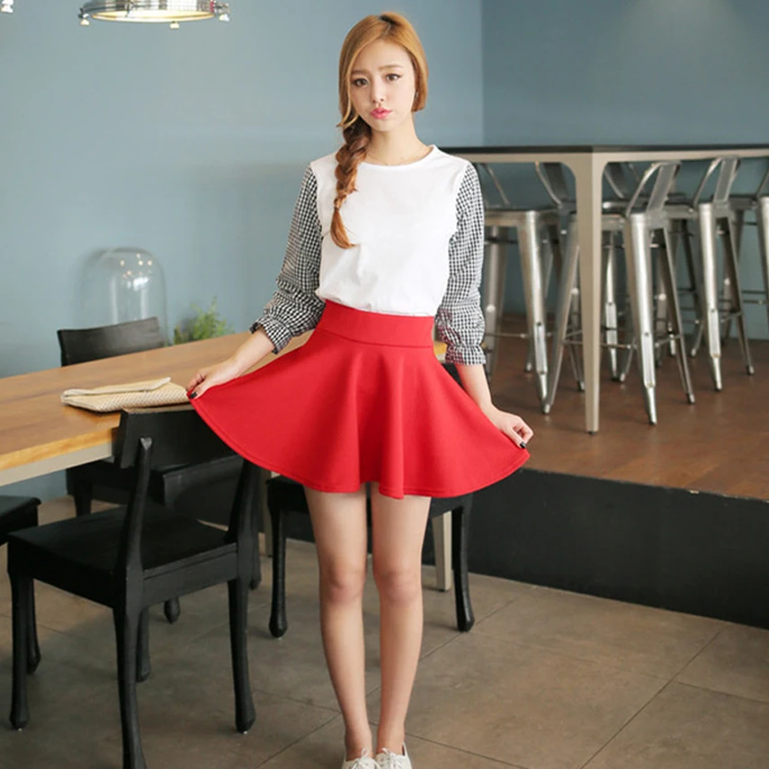 New short skirts womens 2016 new style casual vintage girls skirts for school red pleated mini skater skirt high waist plus size