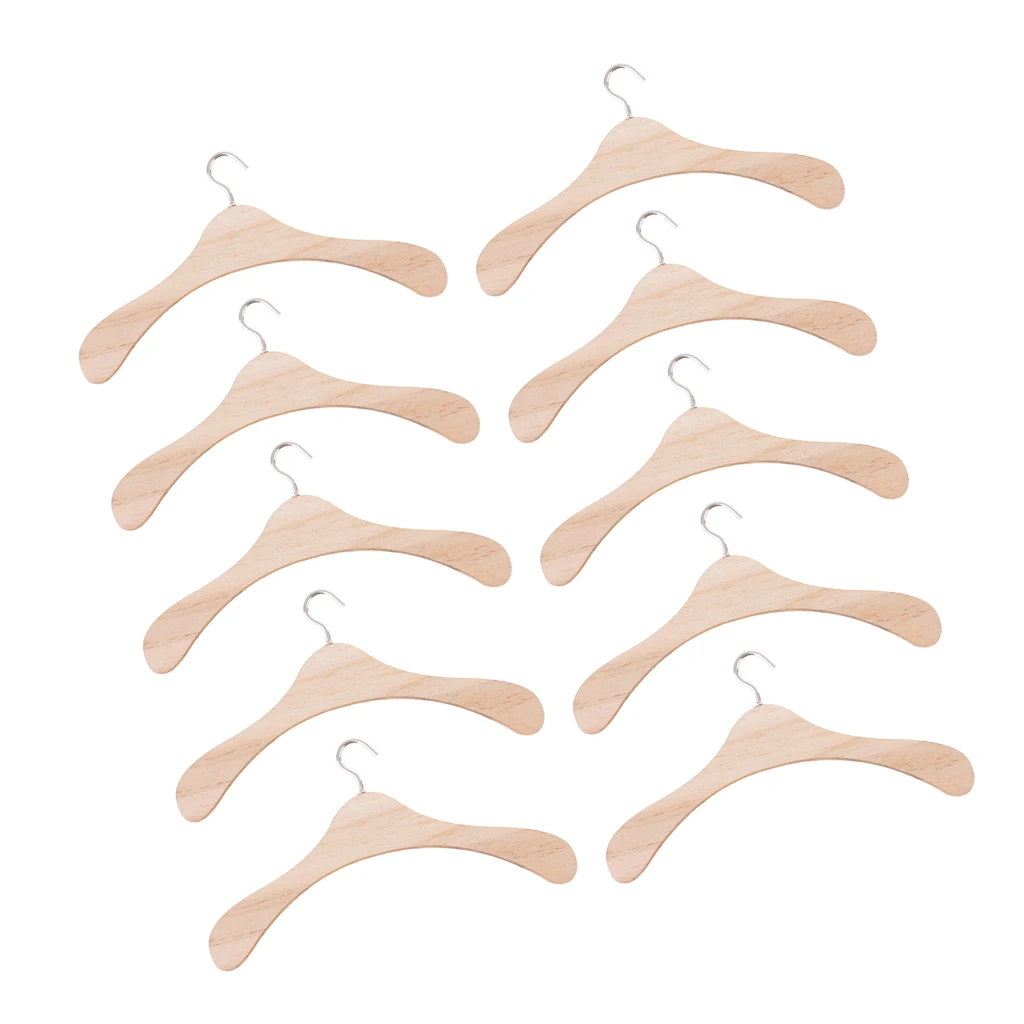 10 Pack Durable 15cm Baby Doll Wooden Clothes Metal Hook Hangers Natural Finished for BJD 70cm Uncle Dolls