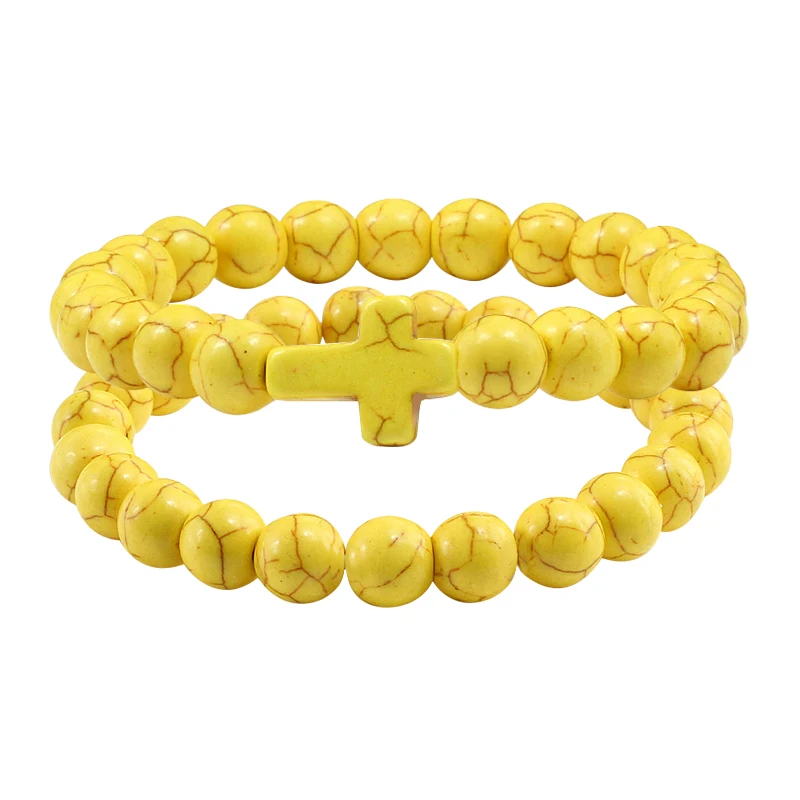 Trendy Mens Black Bracelet Natural Stone Yellow Beaded Handchain Jesus Cross Bracelets&Bangles Women Jewelery Lover Accessories