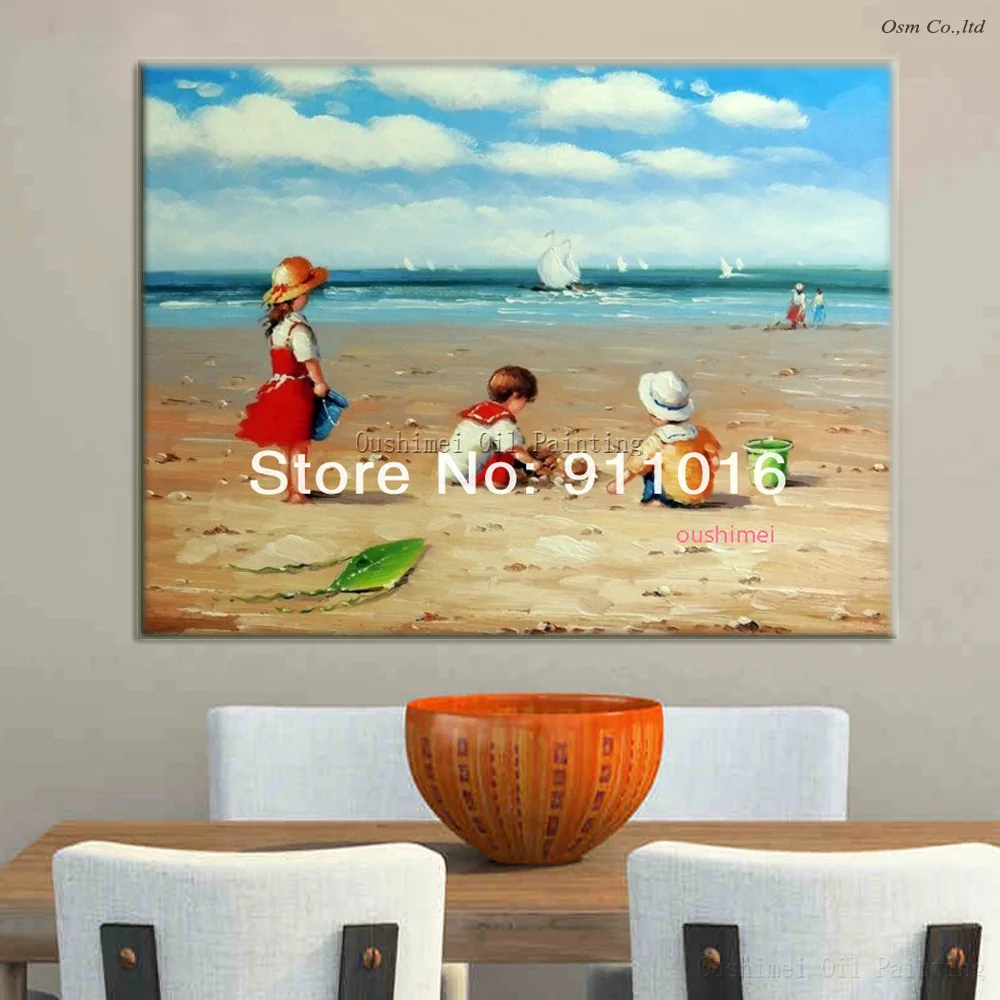 Handmade Landscape Paintings Decor For Child Room Canvas Painting Hang Paintings Beach Seascape Playing Childern Oil Painting