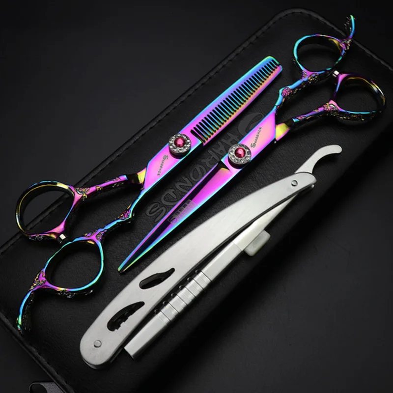 

6/7inch rainbow Professional salon hair scissors high quality stainless steel cutting scissors set thinning shears berber makas