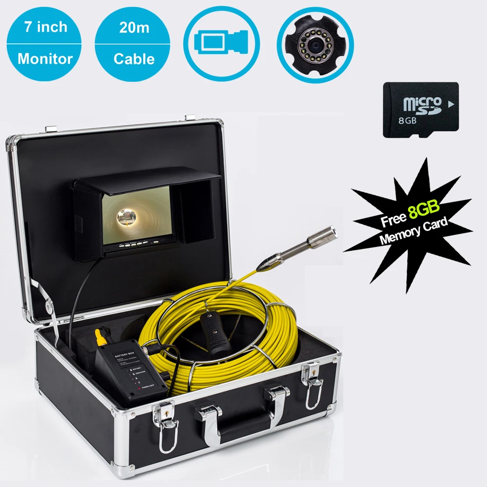 20M Fiberglass Cable 23mm Camera Head Pipe Wall Video Snake Inspection System With 7 Inch Color LCD Monitor With DVR Function