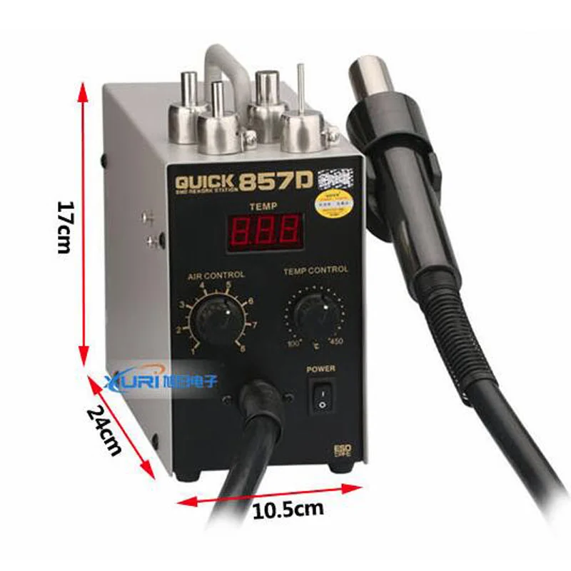 

1pc QUICK 857D lead free adjustable hot air heat gun with Helical Wind 580W SMD rework station, high quality