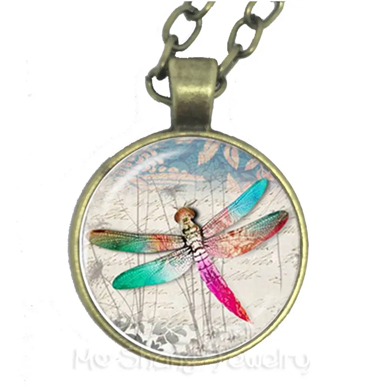 Dragonfly Insect Necklace Glass Cabochon Wild Animal World Pendant Glass Dome Wing Fly  Jewelry Sweater chain