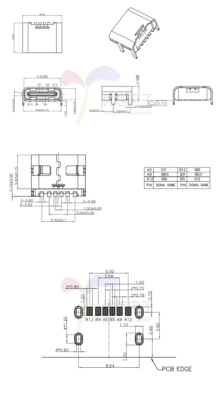 10pcs/lot 6 Pin SMT Socket Connector Micro USB Type C 3.1 Female Placement SMD DIP For PCB design DIY high current charging