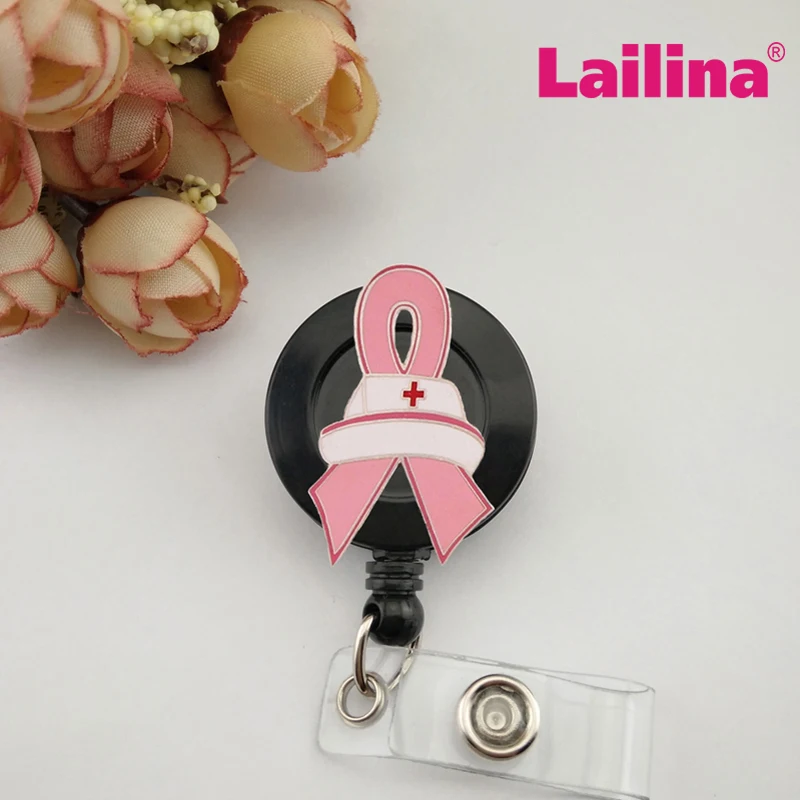 20pcs Breast Cancer Awareness Pink Ribbon Retractable Badge Reel Ribbon Enamel Nurse Hat ID Card Badge Holder Clips