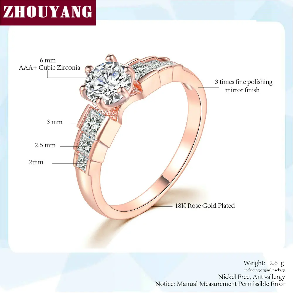 ZHOUYANG Wedding Ring For Women Rose Gold Color Six Claw Cubic Zirconia Round Cut Engagement Party Gift Fashion Jewelry R680