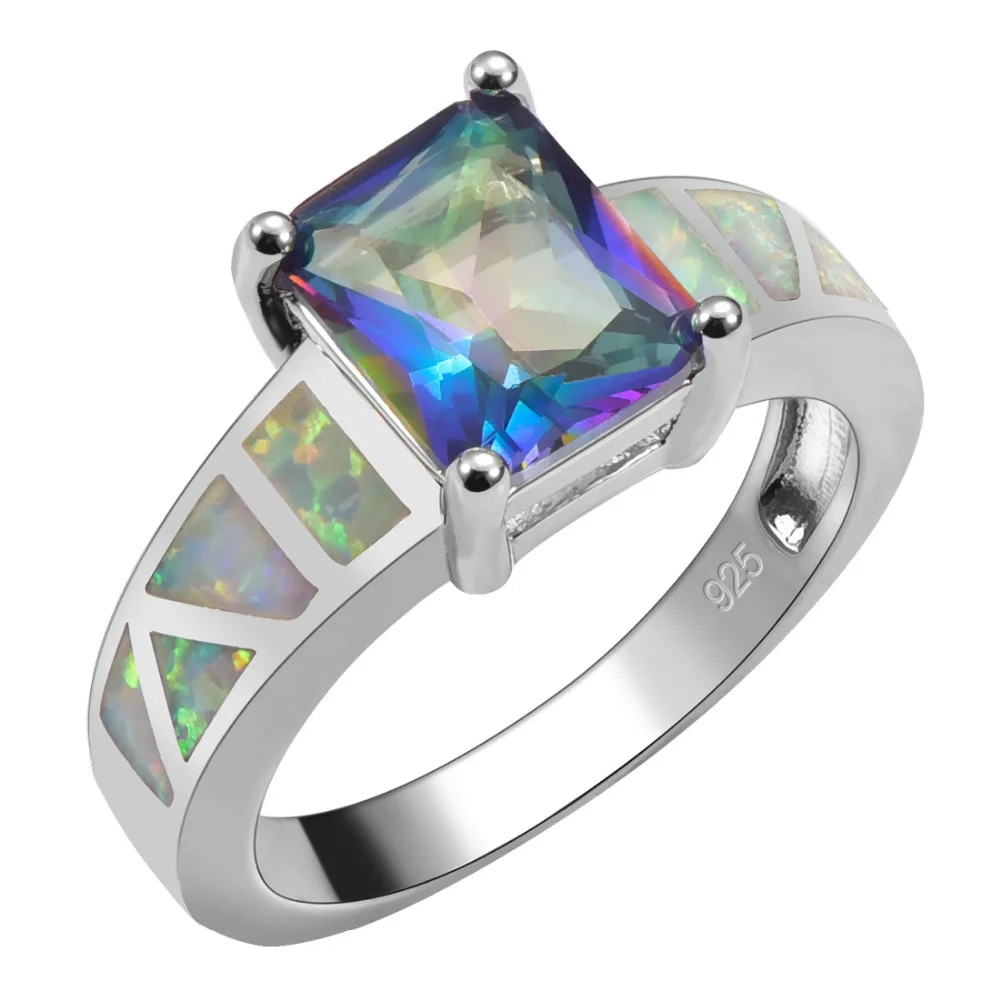 Created Blue Rainbow Crystal ZirconWith White Fire Opal 925 Sterling Silver High Quantity Ring For Woman Size 6 7 8 9 10 R1550