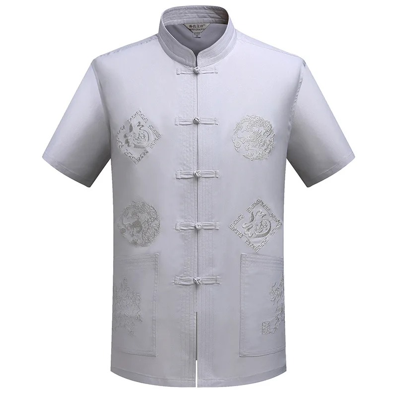 Chinese Traditional Tang Clothing Top Mandarin Collar Kung Fu Wing Chun Garment Top Short Sleeve Embroidery Dragon Shirt M-XXXL