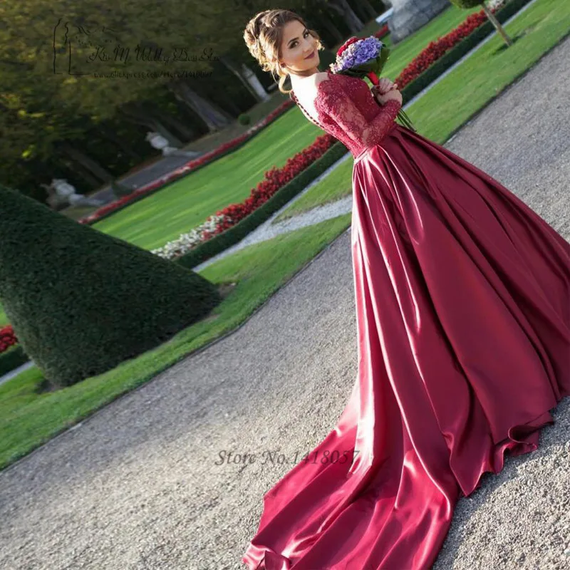 Robe de mariée arabe rouge à manches longues, en dentelle, avec traîne détachable, en Satin, bordeaux, 2017