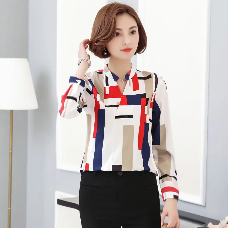 Chiffon Frauen Bluse Langarm V-kragen Schlank Frühjahr Herbst Neue Koreanische Plaid Hemd Büro Damen Unterseite Arbeit Top kleidung H9032