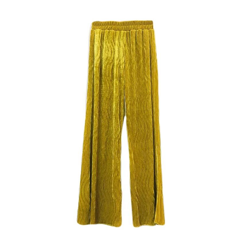 

Gowyimmes Big Size Women Gold Velvet Pants Western Casual Wide Leg Pant Autumn Lady Long Pleated Trousers High Waist Pants PD138