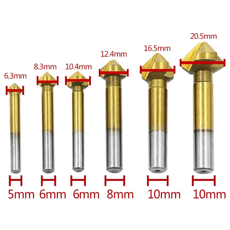 6pcs 6.3MM 8.3MM 10.4MM 12.4MM 16.5MM 20.5MM 90 Degree 3flute Titanium coated Chamfer Chamfering End Mill Cutter Bits HSS Drill