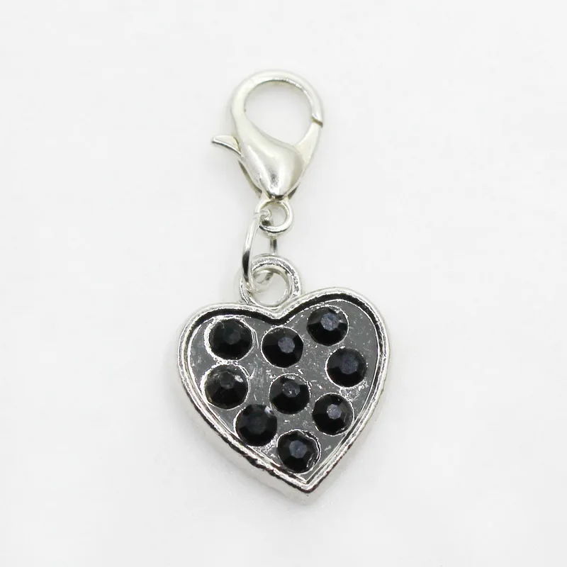 20pcs/lot Silver Crystal Black Heart Dangle Charms Lobster Clasp Charms Diy Bracelets Bangles Jewelry Accessory Floating