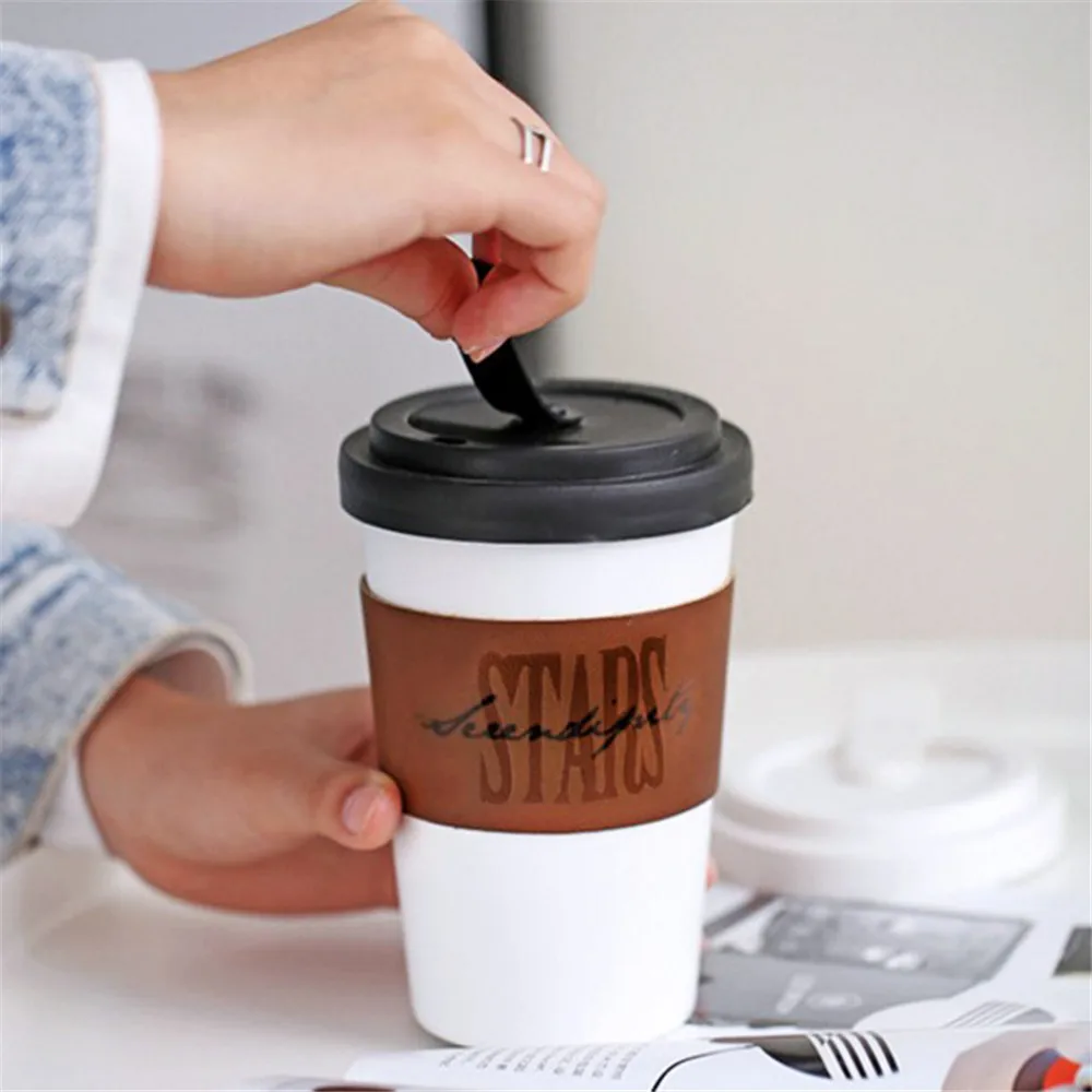 Ceramic Mug With Leather Cup Cover Letter Flower Pattern Milk Coffee Portable Cups Household Office Drinkware Creative  450ML