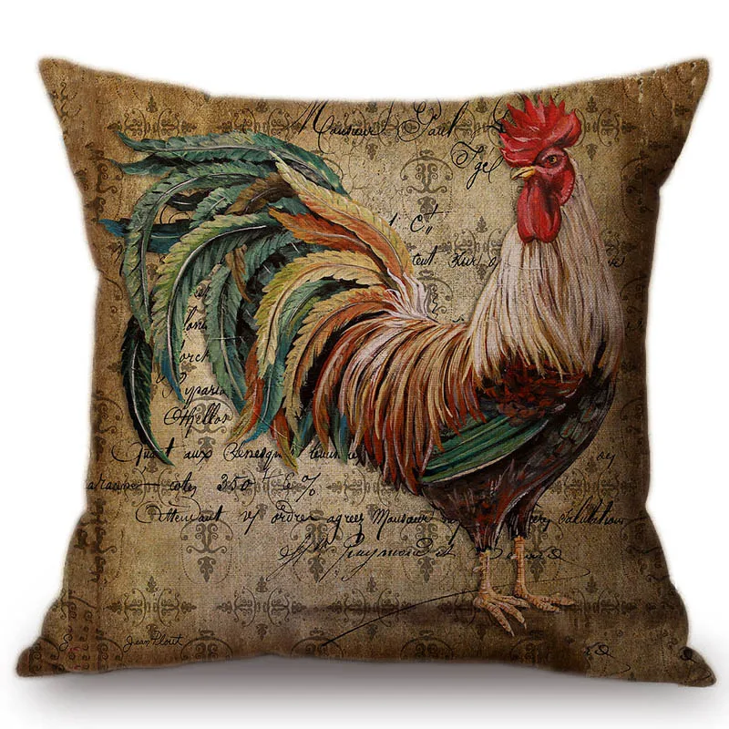 Vintage Rooster Poster Design Sofa Cushion For Home Decoration Retro Newspaper Pattern Hen Coq Chicken Linen Cotton Throw Pillow