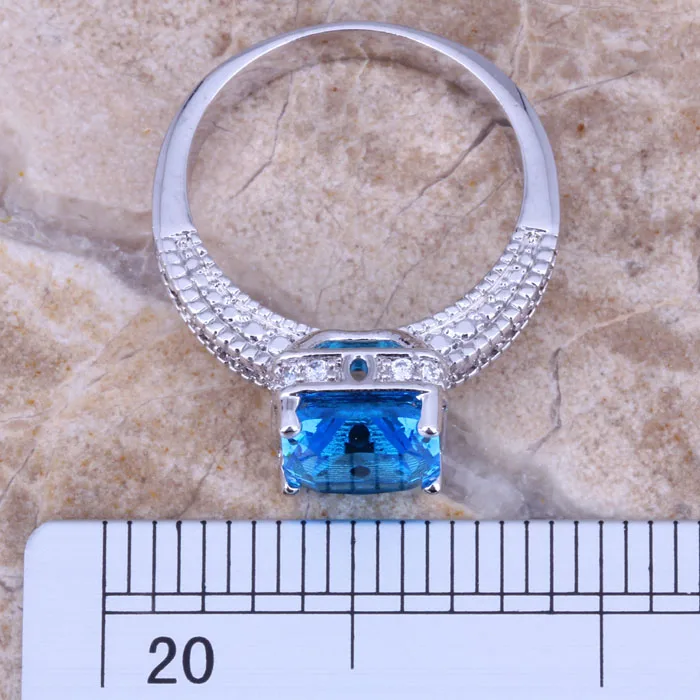 Superb Square Sky Blue Cubic Zirconia White CZ Silver Plated Stamped Ring Size 6 / 7 / 8 / 9 R0128