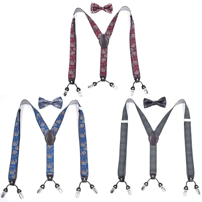 Yienws Bretele Mens Suspenders And Bow Tie Cashew Flowers Leather Suspender Mans Braces for Trousers 125cm Bretels Mannen YiA006