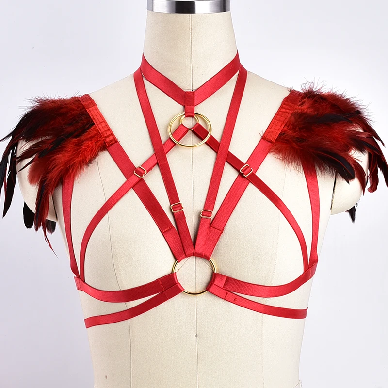 

Red Feather Body Harness Belt Epaulettes Goth Lingerie Cage bra Angel Feather Wings Bondage Tops Party Dance Festival Rave