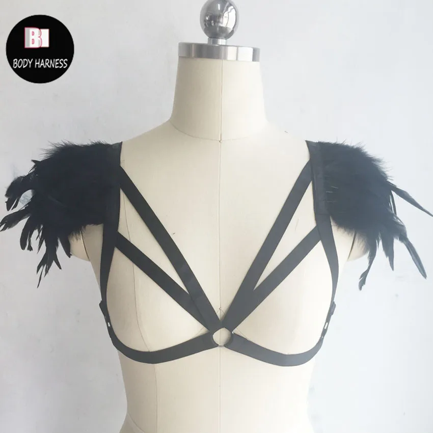 women Fetish vampire fantasy couture sexy feathered epaulettes elastic harness feather brassiere rave bra  festival body harness