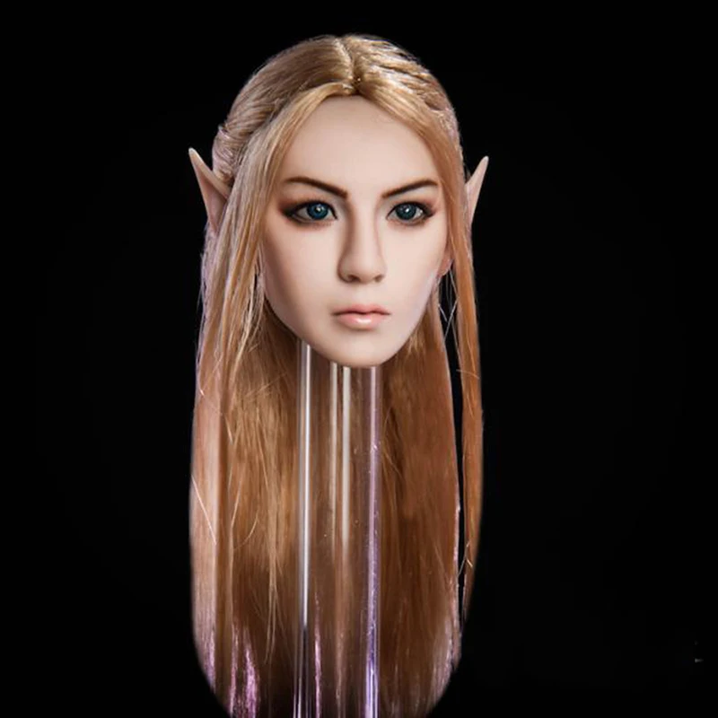 1:6 Female Head Carving Elf Girl Head Carved Black/Blond Hair Detachable Ears Sculpt Model for 12